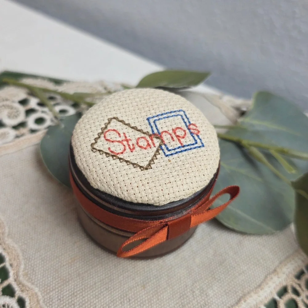 Vintage Wooden Stamp Box Cross Stitched Lid Round Dark Wood Desk Organizer